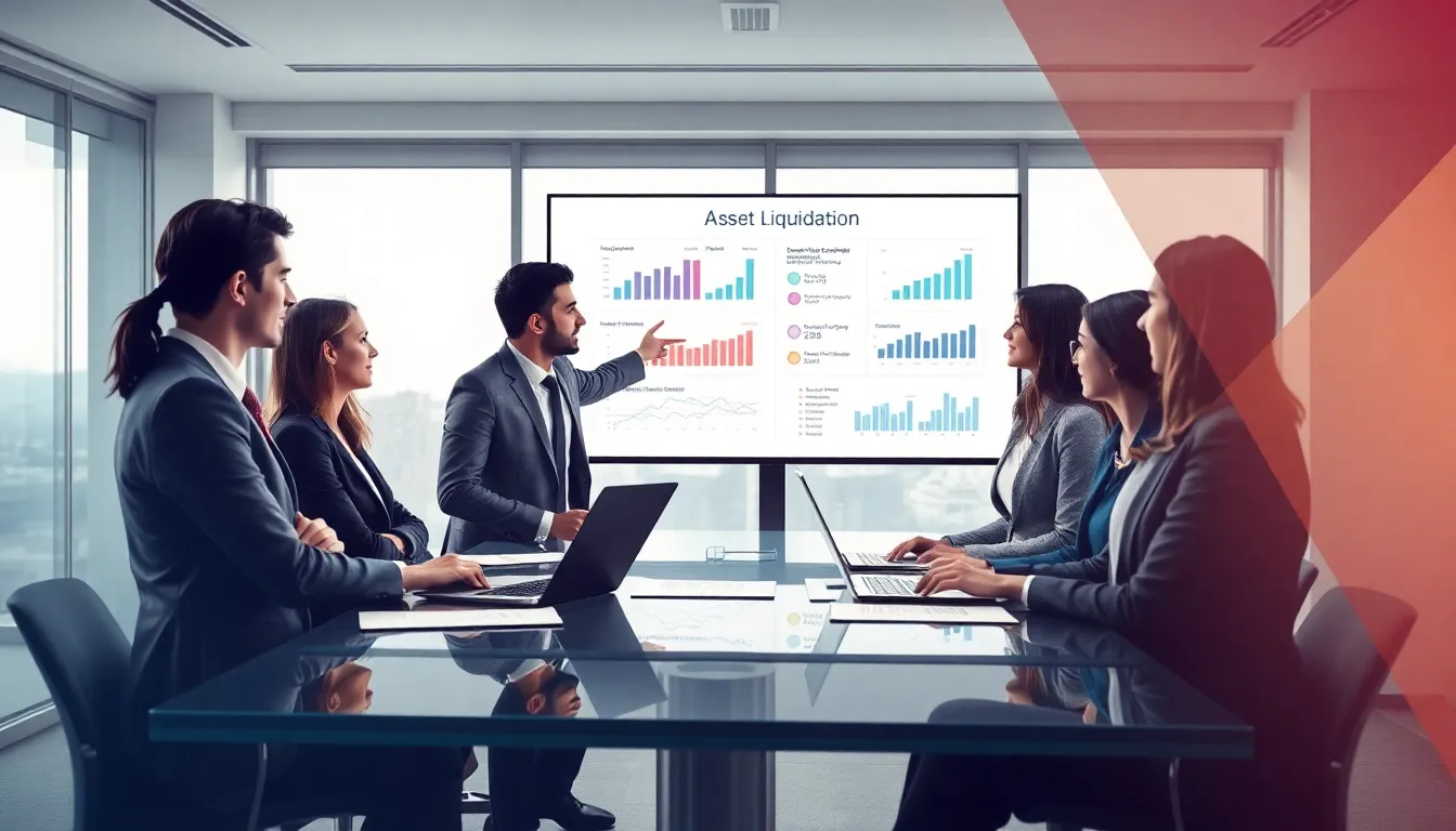business professionals discussing asset liquidation in a modern office.